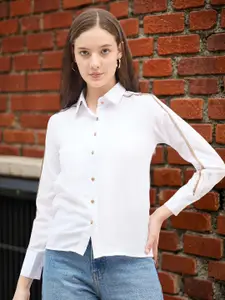 Styli Women Solid Contrast Piping Spread Collar Casual Shirt