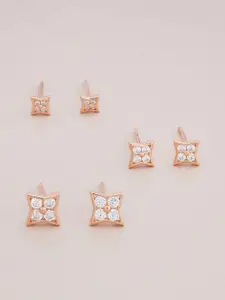 Kushal's Fashion Jewellery Set of 3 Rose Gold-Plated 92.5 Sterling Silver Studded Studs
