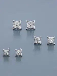 Kushal's Fashion Jewellery Set of 3 Rhodium-Plated 92.5 Sterling Silver Studded Studs