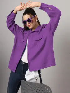 CHARMGAL Women Classic Relaxed Fit Solid Spread Collar Cotton Casual Shirt