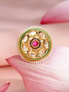 Rubans 18K Gold-Plated Ruby Pink & White Kundan Studded Adjustable Finger Ring