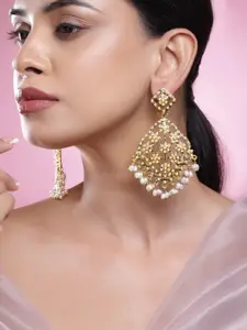 Rubans 22K Antique Gold-Plated Creamy White Pearl Beaded Floral Long Chandbalis