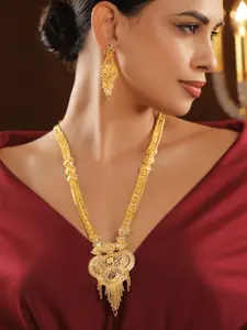 Rubans 18K Gold-Plated Floral Filigree Long Necklace Set with Drop Earrings
