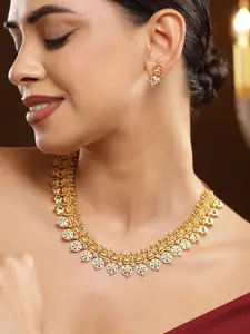 Rubans 22K Gold-Plated White & Green Kundan Studded Brass Temple Floral Necklace Set