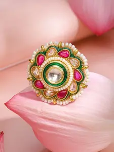 Rubans 18K Gold-Plated Ruby Pink & White Kundan Studded Adjustable Finger Ring