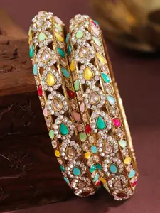 Rubans Set of 2 18K Gold-Plated Multicolor Kundan & Zirconia Studded Designer Bangles