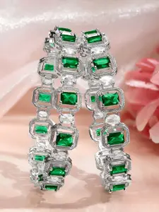 Rubans Set of 2 Rhodium-Plated Emerald Green & White CZ Studded Floral Bangles