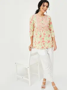 max Floral Printed Round Neck Three-Quarter Sleeves Kurti