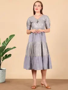 True Shape Women Ethnic Motifs V-Neck Tiered Fit and Flare Midi Dress