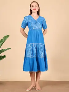 True Shape Women Ethnic Motifs Print Gathered or Pleated Jacquard Fit & Flare Midi Dress