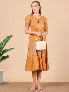 True Shape Women Print Jacquard Fit & Flare Puff Sleeves Dress