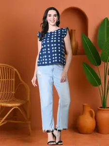 Sangria Polka Dot Printed Flutter Sleeves Cotton Top