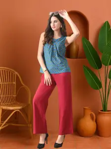 Sangria Women Printed Round Neck Cotton Top