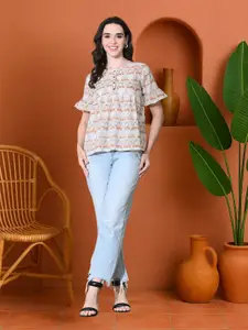 Sangria Women Geometric Printed Cotton Round Neck Empire Top