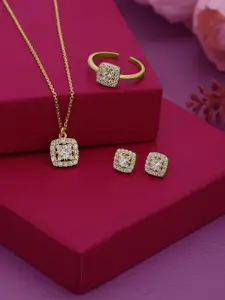 Carlton London 18kt Gold Plated CZ Square Earring Adjustable Ring & Necklace Gift Set