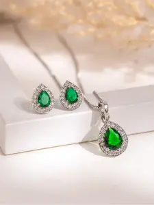 Voylla Rhodium-Plated Sparkling Elegance Emerald Glow Pendant Set