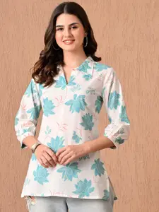 Anouk Rustic Women Floral Printed Shirt Collar Puff Sleeves Pure Cotton Straight Kurti