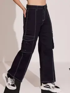 DOLCE CRUDO Women Wide Leg High-Rise Stretchable Cargo Jeans