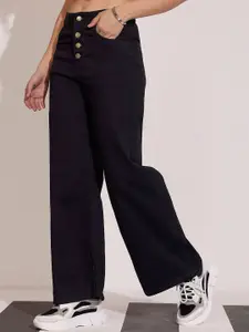 DOLCE CRUDO Women Wide Leg High-Rise Heavy Fade Stretchable Jeans