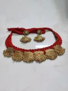 MAYANKS Women Red Thread Ethnic Necklace Set with Gold Tone Charm Pendant