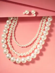 Mansiyaorange Pearl Beaded 3 Layer Necklace & Stud Earrings