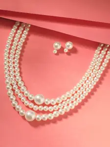 Mansiyaorange Pearl Beaded 3 Layer Necklace & Stud Earrings