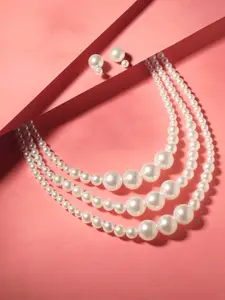 Mansiyaorange Pearl Beaded 3 Layer Necklace & Stud Earrings
