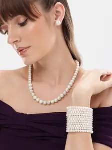 Mansiyaorange Pearl Beaded Necklace, Bracelet & Stud Earrings