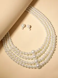 Mansiyaorange Pearl Beaded 4 Layer Necklace & Stud Earrings