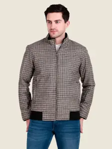 Leather Retail Checked Stand Collar Woollen Lightweight Bomber Jacket