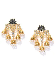 Zaveri Pearls Black & White Gold-Plated Kundan-Studded Floral & Dome Shaped Drop Earrings