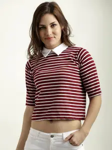 Miss Chase Women Maroon Striped Pure Cotton Top