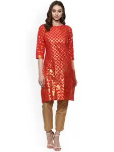 Ahalyaa Women Red Gold-Toned Printed Straight Cotton Kurta