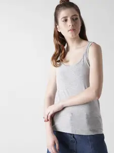 FOREVER 21 Women Grey Melange Solid Styled Back Top