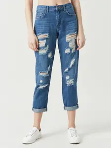 FOREVER 21 Women Blue Boyfriend Fit Mid-Rise Highly Distressed Cropped Jeans