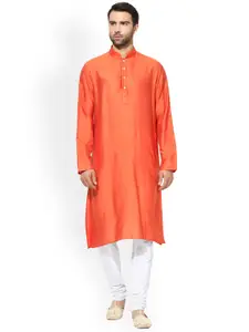 KISAH Men Orange & White Solid Kurta with Churidar