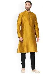 KISAH Men Mustard & Black Solid Kurta with Churidar
