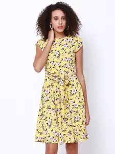 Tokyo Talkies Women Yellow Printed Fit and Flare Dress