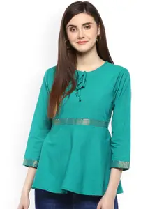 Bhama Couture Women Sea Green Solid Peplum Pure Cotton Top