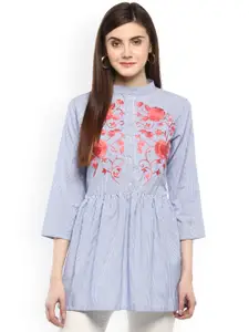 Bhama Couture Women Blue Longline Striped A-Line Pure Cotton Top