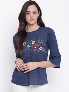 Bhama Couture Women Blue Solid A-Line Pure Cotton Top
