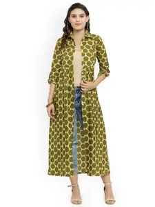 Indibelle Green & Off-White Printed Open Front Shrug