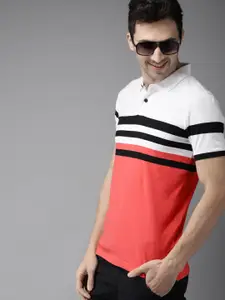 HERE&NOW HERENOW Men White  Coral Colourblocked Polo Collar T-shirt