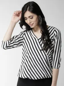 Style Quotient Women Black & Off-White Striped Wrap Top