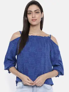 Global Desi Women Blue Solid Cold-Shoulder Top