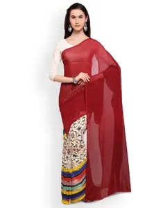 Saree mall Maroon & Off-White Printed Half & Half Poly Georgette Saree