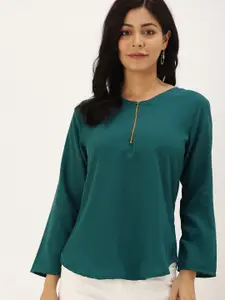 Mayra Women Green Solid Half Zipper Top