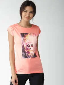 Style Quotient Women Peach-Coloured Printed Round Neck T-shirt