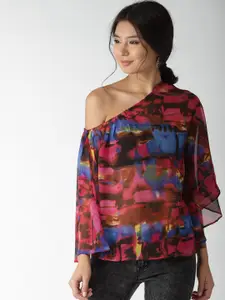 Style Quotient Women Pink & Blue Printed Semi Sheer Cape Top