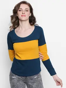 The Dry State Women Mustard & Navy Blue Colourblocked Scoop Neck T-shirt